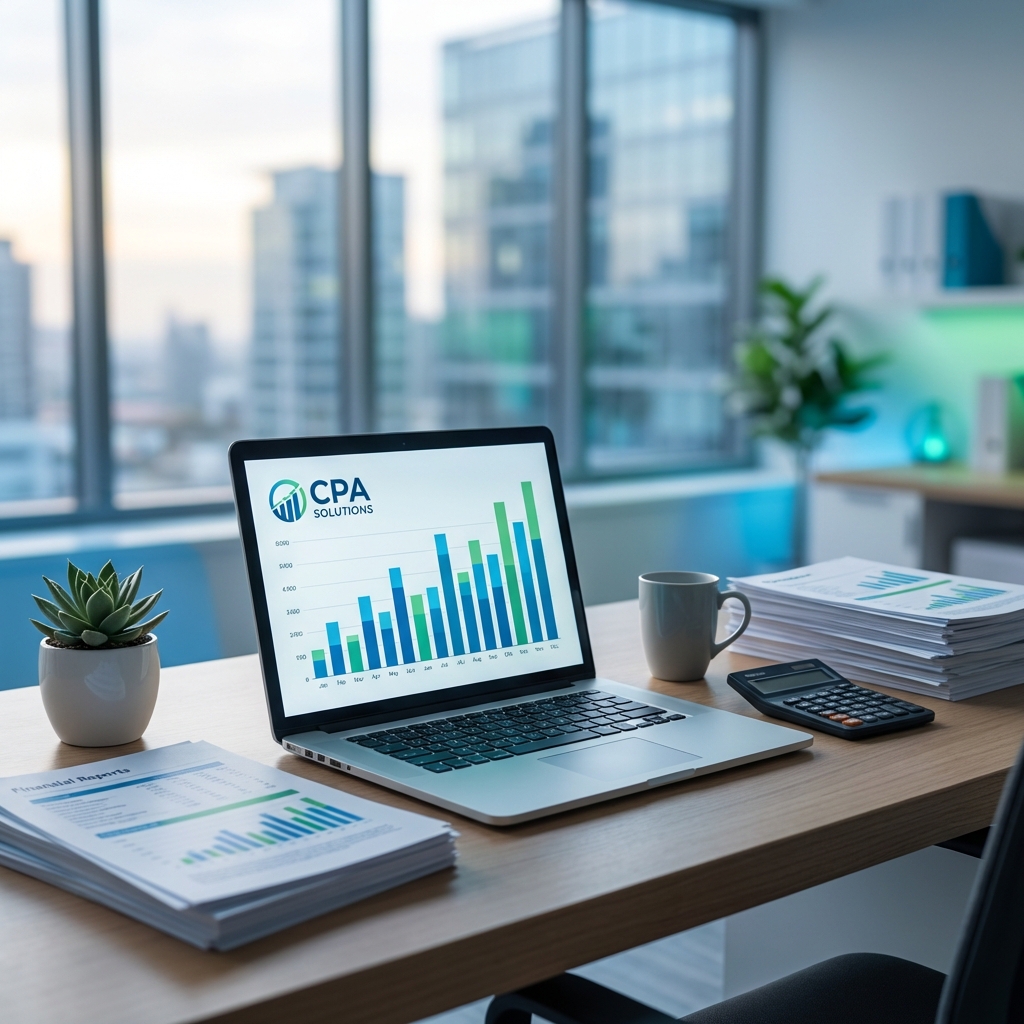Professional accounting office workspace with financial charts